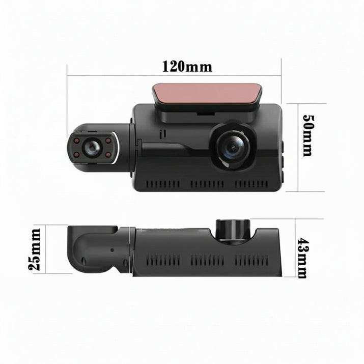 Car dashboard camera with dimensions labeled on a white background