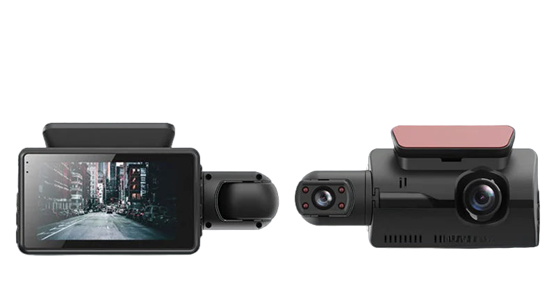 Car dashboard camera with screen displaying road view, side view, and cabin view with people.
