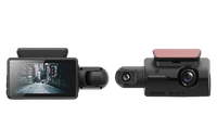 Car dashboard camera with screen displaying road view, side view, and cabin view with people.