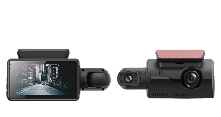 Car dashboard camera with screen displaying road view, side view, and cabin view with people.