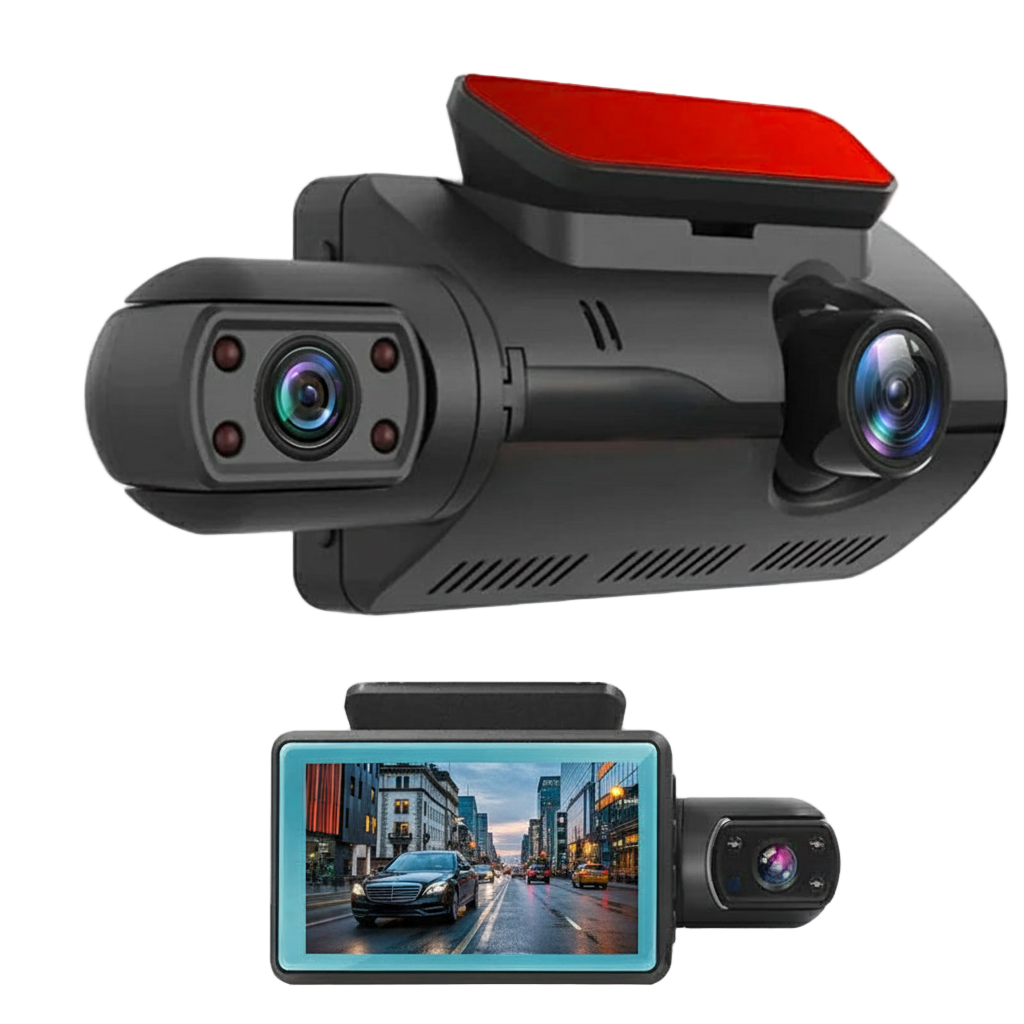 Car dashboard camera with dual lenses and a display screen on a white background
