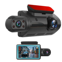 Car dashboard camera with dual lenses and a display screen on a white background