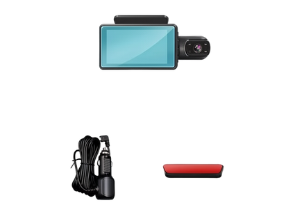 Product accessories including box, dash camera, use manual, car charger, and bracket on a white background.