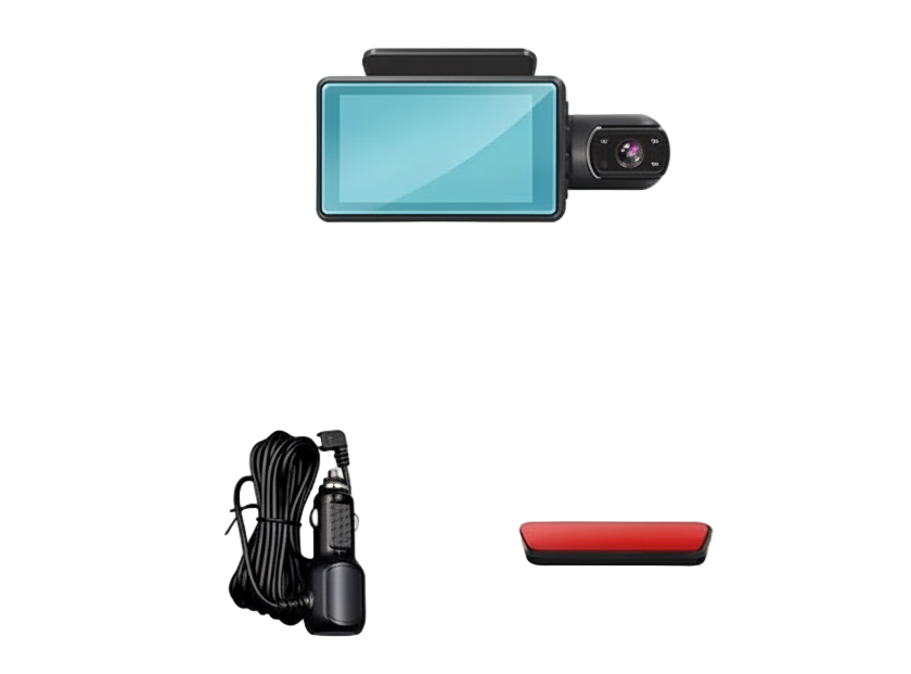 Product accessories including box, dash camera, use manual, car charger, and bracket on a white background.