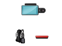 Product accessories including box, dash camera, use manual, car charger, and bracket on a white background.