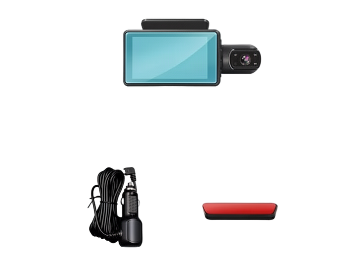Product accessories including box, dash camera, use manual, car charger, and bracket on a white background.